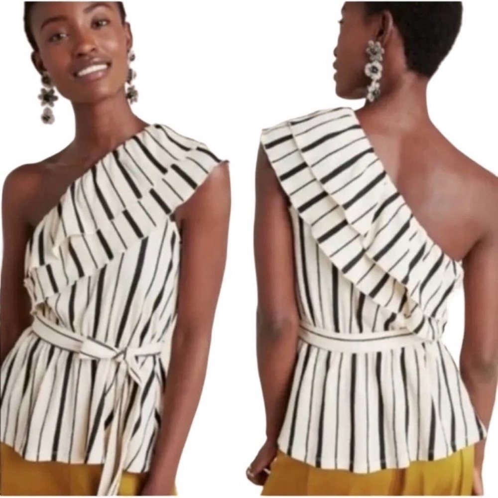 🎉HP🎉 Anthropologie Maeve Rita Striped Ruffled One Shoulder Top
